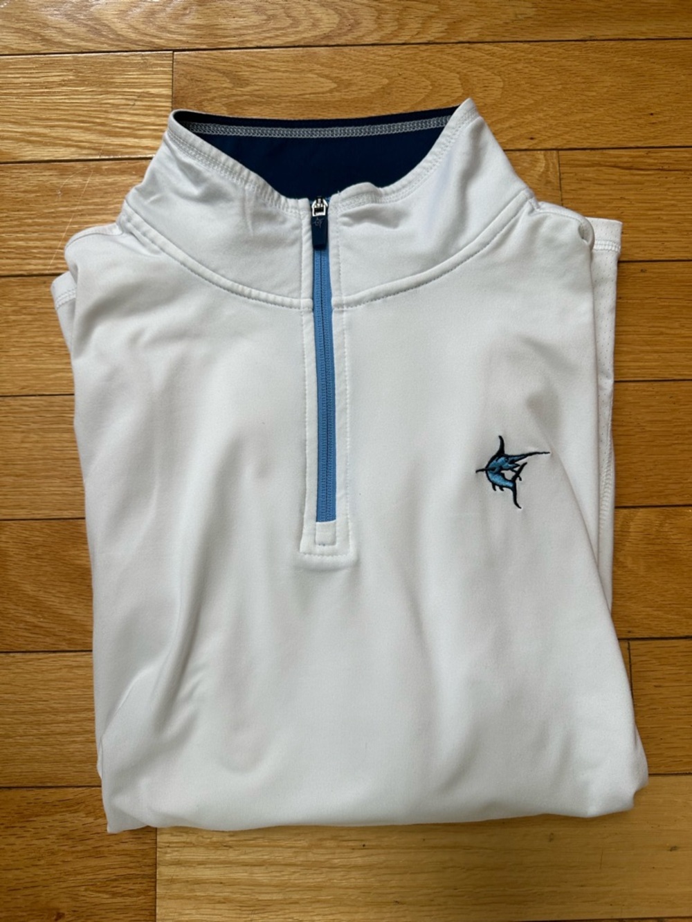 Men's White Quarter Zip Performance Pullover with Blue Trim